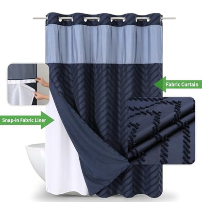 eachope No Hook Tufted Chevron Striped Shower Curtain with Snap-in Fabric Liner set-71Wx74H(72H),Navy Blue Hotel Grade Boho Style Shower Curtain with See Through Top Window,Water Repellent - color: Navy Blue, size: 71"W x 74"L (Pack of 1)