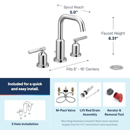 Moen Gibson Two-Handle High Arc Widespread Modern Bathroom Sink Faucet for 3-Hole Setups with Valve Included, Chrome, TV6142 - color: Chrome, style: Valve + Trim