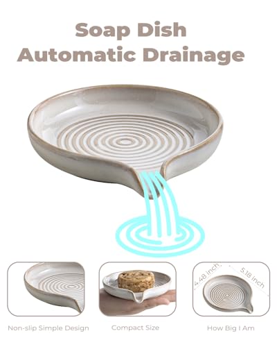 Zoeeker Soap Dish with Drainage, Ceramic Self Draining Bar Soap Holder | Bar Soap Saver with Waterfall Design Round Soap Tray for Shower Bathroom Kitchen Sink Bathtub, Keep Bar Soap Dry, Beige White - color: Beige White, size: Round
