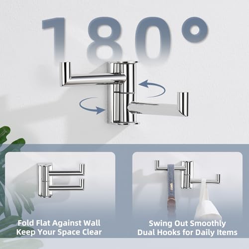 Aomasi Polished Chrome Swivel Towel Hooks 2 Pack, 304 Stainless Steel Wall Mounted Foldable Double Coat Hooks, Max 11lbs Heavy Duty Bathroom Hand Towel Holders - color: Polished Chrome, size: 2 Pack