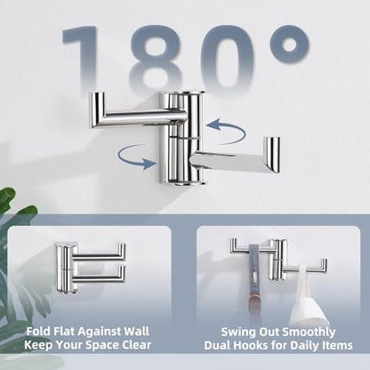 Aomasi Polished Chrome Swivel Towel Hooks 2 Pack, 304 Stainless Steel Wall Mounted Foldable Double Coat Hooks, Max 11lbs Heavy Duty Bathroom Hand Towel Holders - color: Polished Chrome, size: 2 Pack