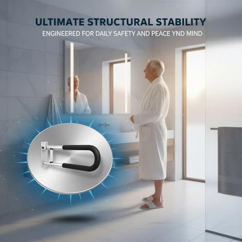 Toilet Safety Rail, 23.6 in Flip Up Foldable Wall Mount Grab Bar, Aluminum Alloy Bathroom Shower Assist Handrail with Anti-Slip Grip, Suitable for Elderly, Handicap, Pregnant & Post-Op Users