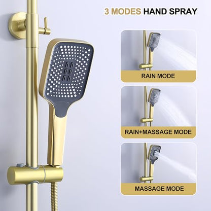 Shower Systems with 12 x8 Inches Rain Shower Head,Brushed Gold Exposed Pipe Shower System,3 Functions Tub Shower Faucet Sets,Overhead Shower System with Handheld - color: A- Brushed Gold with Square Shower Head