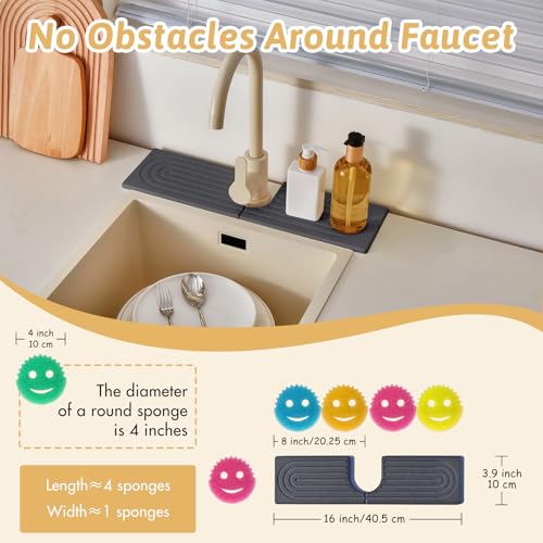 Kitchen Faucet Absorbent Mat with U-Shape Hole, 16" Diatomaceous Earth Splash Guard for Sink Faucet, Aesthetic Water Absorbing Stone Tray Draining Mat for Modern Home, Gift for Girlfriend, Dark Grey - size: 16" x 3.9"