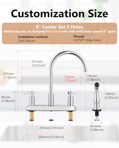 Kitchen Faucet with Side Sprayer, 8 Inch Centerset 4-Hole Chrome | Lead-Free 4-Hole High Arc Kitchen Sink Faucet, 1.8 GPM, 360° Spout - color: Chrome