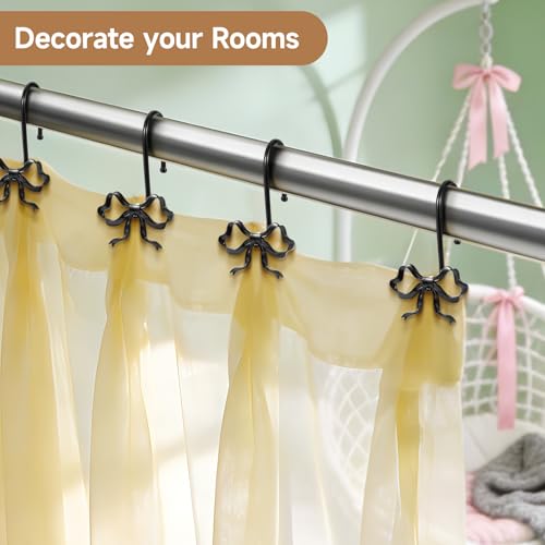 12 Pack Elegant Bow Shower Curtain Hooks, Black Metal Rustproof Decorative Shower Curtain Hooks, Shower Curtain Hangers for Bathroom Art Decor