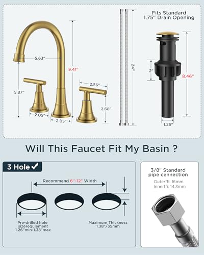 FORIOUS Gold Bathroom facuet 3 Hole, 8 Inch Wide Gold Vanity Faucet 3 Holes | 8 Inch Widespread Bathroom Faucet 3 hole Vanity and 4 Inch Bathroom Faucet Centerset 2 Hole for B2B Commercial, Spare Aerator - color: Brushed Gold, style: Modern
