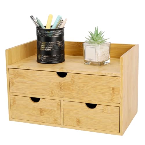 Charmewooden Bamboo Desk Organizer With Drawers Countertop Drawers Counter Storage Box Corner Desk Organizer for Home Office No Assembly Required (3 Drawers with shelf) - color: 3 Drawers with shelf