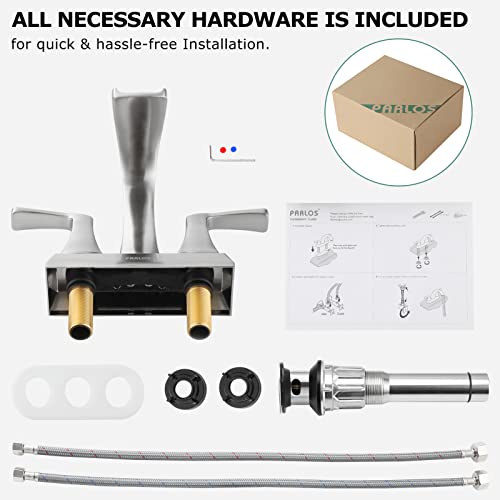 Waterfall Bathroom Sink Faucet 2 Handle Centerset, Brushed Nickel | 4 Inch Lead-Free Deck Mount Vanity Faucet with Pop Up Drain Supply Lines, for 3 Hole Lavatory Utility Sink - color: Brushed Nickel