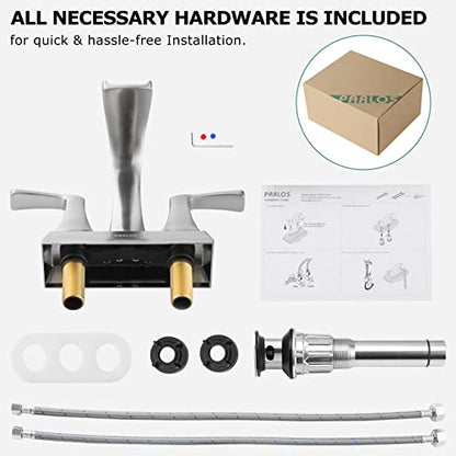 Waterfall Bathroom Sink Faucet 2 Handle Centerset, Brushed Nickel | 4 Inch Lead-Free Deck Mount Vanity Faucet with Pop Up Drain Supply Lines, for 3 Hole Lavatory Utility Sink - color: Brushed Nickel