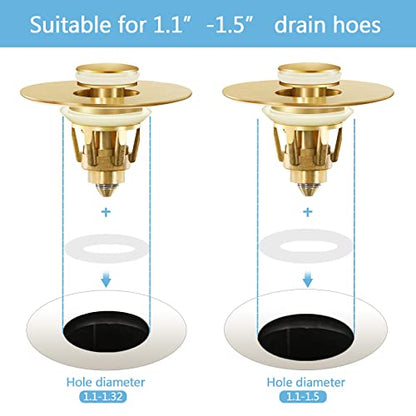 Gold Bathroom Sink Stopper – Pop Up Drain Stopper & Strainer, 2-in-1 Universal Sink Stopper, Compatible with 1.1" to 1.5" Bathroom Sink Drain Pipes, Gold Matte Brushed Finish - color: Gold Matte Brushed Finish