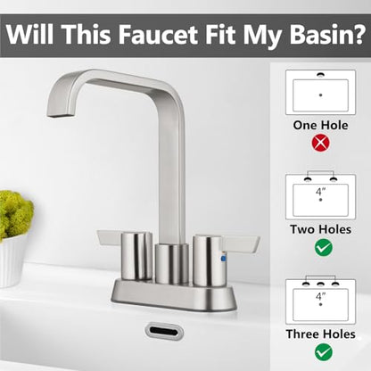 Brushed Nickel Waterfall Bathroom Faucet 4 Inch Centerset,2-Handle | Stainless Steel 3-Hole Deck-Mount Design Includes Supply Lines and Pop-Up Drain for a Complete Vanity Installation - color: Brushed Nickel
