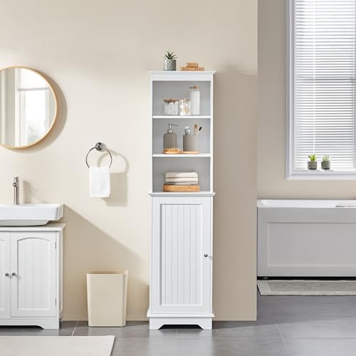 Yaheetech Tall Narrow Bathroom Storage Cabinet with Door and Shelves, White | Linen Closet for Towels, Toiletries and Laundry, Open Display Shelves, Hidden Adjustable Shelf, MDF, 60''H x 16''W x 12''D - style: 1 Door + 3 Open Compartments
