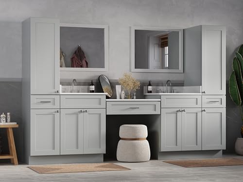 108" Double Sink Bathroom Vanity with Makeup Desk and Dual Linen Storage Towers, 3 Drawers, Carrara Quartz Top and Ceramic Sinks, Solid Wood Frame, 108" x 22" x 72" (Gray) - color: Grey