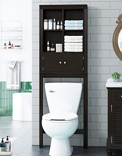 Spirich Over Toilet Storage Cabinet with Doors, 4 Open Cubbies, Espresso | Hidden & Open Storage, Adjustable Shelf, Anti-Tip Fitting, 34.2-Inch Clearance, FSC-Certified MDF, Bathroom Shelf Organizer - color: Espresso