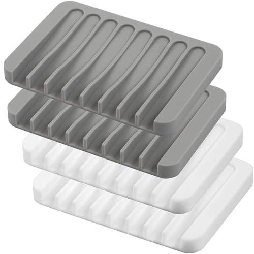 Self Draining Soap Dishes, 4 Pcs Silicone Soap Saver, Waterfall Drainer Soap Holder for Bathroom, Extend Soap Life, Keep Soap Bars Dry Clean & Easy Cleaning (White & Grey) - color: White & Grey