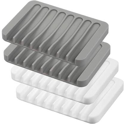 Self Draining Soap Dishes, 4 Pcs Silicone Soap Saver, Waterfall Drainer Soap Holder for Bathroom, Extend Soap Life, Keep Soap Bars Dry Clean & Easy Cleaning (White & Grey) - color: White & Grey
