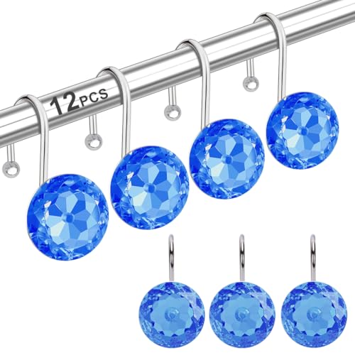 12PCS Shower Curtain Hooks Rings for Bathroom, Round Stainless Steel Rust Proof Crystal Rhinestones Bling Shower Curtain Rings Hangers for Shower Curtains Decorative, Clothing, Towels, etc. (Blue) - color: Blue, size: 12pcs