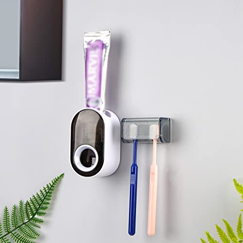 Toothbrush Holder Wall Mounted with Cover for Bathroom, 2 Slots Toothbrush Storage Organizer for Shower, Self Adhesive Toothbrush Hanger with Automatic Toothpaste Squeezer Dispenser - color: Grey Clear, size: Combination A: 1PACK