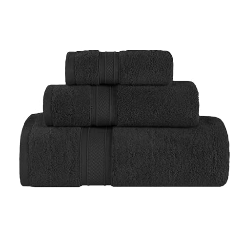 SUPERIOR Cotton Chevron 3 Piece Towel Set, Zero Twist, Quick Dry, Home Essentials, Shower, Spa, Luxury Plush Soft Absorbent Towels, Includes 1 Bath, 1 Hand, 1 Washcloth/Face Towel, Jacquard, Black - color: Black, size: 3 Piece Towel Set (Solid)