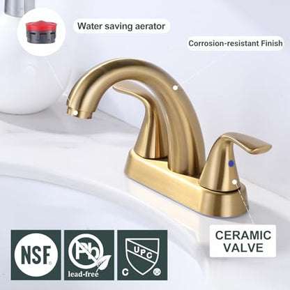 Brushed Gold Bathroom Sink Faucet, 4 Inch Centerset Bathroom Faucet | ALEASHA 2 Handles Vanity Faucet with Pop Up Drain Stopper, RV Lavatory Vanity Faucets with Aesthetic Appeal - color: Gold
