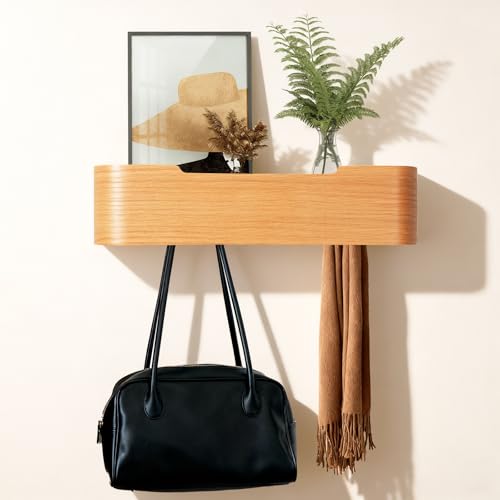 Coat Rack Wall Mount with Shelf Entryway Shelf Modern Key Holder Hanger Wall Shelves with Hidden Hooks for Hanging Towels Coats Hats Bags for Hallway Bathroom Bedroom(Oak, 4 Hooks) - color: Oak, size: 4 hooks