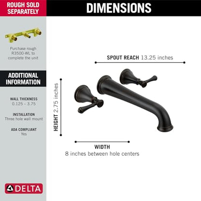 Delta Wall Mount Bathroom Faucet 3 Hole, Oil Rubbed Bronze Bathroom Sink Faucet for Vanity, Venetian Bronze T5797-RBWL (Valve Not Included) - color: Venetian Bronze