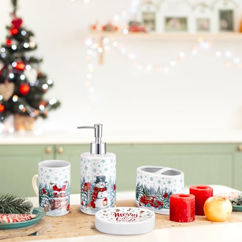 4 Pcs Christmas Ceramic Bathroom Accessories Gifts Xmas Bath Tumbler Xmas Tree Soap Dispenser Toothbrush Holder Soap Tray Merry Christmas Bathroom Decorations(Snowman) - style: Snowman