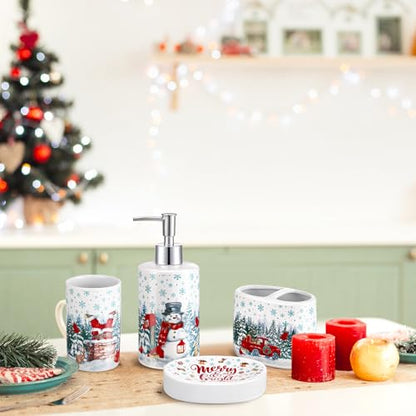 4 Pcs Christmas Ceramic Bathroom Accessories Gifts Xmas Bath Tumbler Xmas Tree Soap Dispenser Toothbrush Holder Soap Tray Merry Christmas Bathroom Decorations(Snowman) - style: Snowman