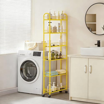 6-Tier Slim Storage Cart with Wheels, Metal 6in Narrow Rolling Shelf, Sturdy Slim Storage with Hooks Ideal for Kitchen, Bathroom, and Laundry Room, Yellow - size: 6in Yellow