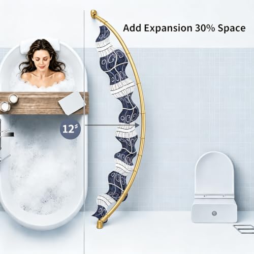 Gold Curved Shower Curtain Rod for Bathroom Bathtub 33-78 In Adjustable Curved Shower Rod, RustProof Stainless Steel Round Shower Rods for Stall,Extra Shower Space Expandable Need Drilling - color: Gold