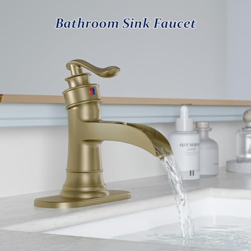 BWE Solid Brass Brushed Gold Waterfall Bathroom Faucet for Modern & Classic | Wide Waterfall Spout, Ceramic Cartridge, Fits 1 or 3-Hole Sink, Single Handle, Hardware Kit Included, Not for Vessel Sink - color: Brass Gold
