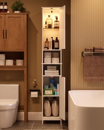 HAIOOU Tall Narrow Bathroom Storage Cabinet with Light for Small Spaces | 11.8"W Skinny Bathroom Cabinet with Adjustable Glass Shelves,Standing Slim Cabinet for Bathroom, Living Room, White - color: White