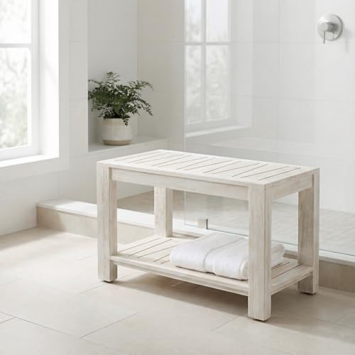 The Sitara Teak Shower Bench with Shelf, 30" Wide, Rustic Light Grey Wash