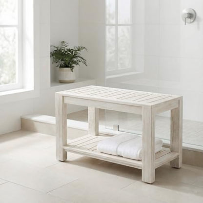 The Sitara Teak Shower Bench with Shelf, 30" Wide, Rustic Light Grey Wash