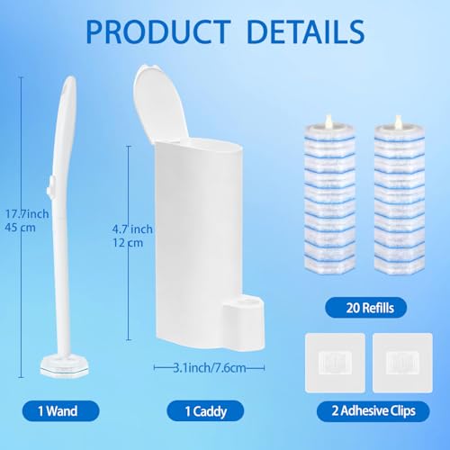 Disposable Toilet Brush and Holder Set, 20 Pre-Filled Refills | 5X Powerful No-Shed Pads, 360° Deep Toilet Bowl Clean, Toilet Bowl Cleaners with Storage Caddy & Adhesive Hooks - size: Toilet Brush Set + 20 Refill Heads