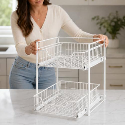 Juju 2-Tier Under Sink Organizer - Steel Wire Pull-Out Storage Rack for Kitchen and Bathroom Cabinets