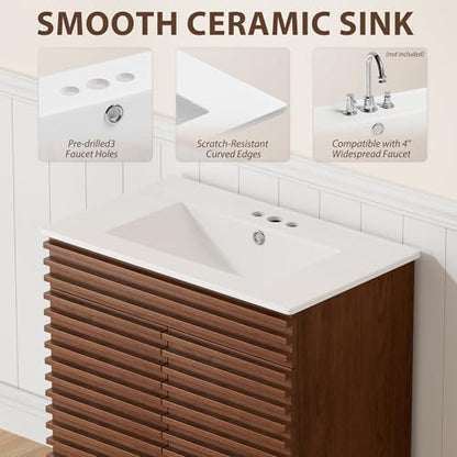 APRILSOUL 30" Bathroom Vanity with Ceramic Sink, Mid-Century Bathroom Vanity Cabinet with 2 Soft Closing Doors, Freestanding Bathroom Cabinet, Particleboard Frame with Wood Grain Laminate, Walnut - color: Walnut/ White Sink, size: 30 Inch