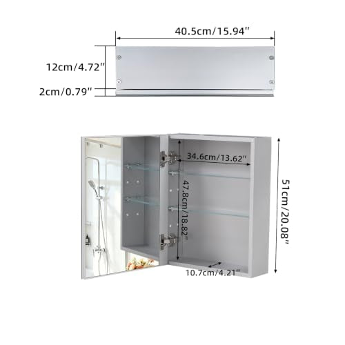 Bathroom Medicine Cabinet,Double-Sided Mirror Door(15.9 x 20) | Silver Aluminium Frame, Lightweight, Sturdy,Attractive,Simple Wall-Mounted,Adjustable Shelves,Tempered glass - size: 15.9"x 20"