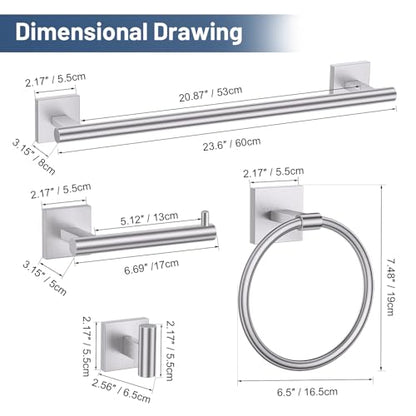 TURS 5-Pieces Brushed Nickel Bathroom Hardware Set 23.6 Inch SUS304 Stainless Steel Towel Bar Set Wall Mounted Bathroom Accessories Set - color: Brushed Nickel, size: 5-Pieces Set-B