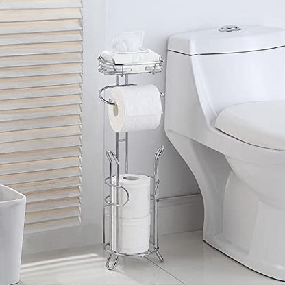 SunnyPoint Bathroom Heavyweight Toilet Tissue Paper Roll Storage Holder Stand with Reserve and Shelve, The Reserve Area Has Enough Space to Store Mega Rolls. (Chrome) - color: Chrome