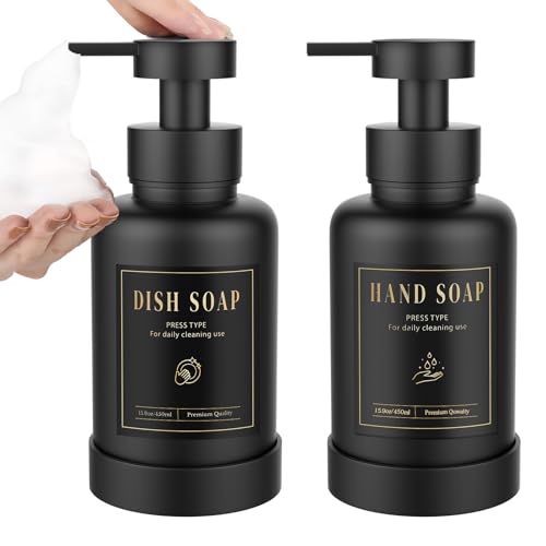 Luxspire Glass Foaming Soap Dispenser 15oz Hand Soap Bottle, Black, 2 Pack | Anti-drip pump, wide mouth easy refill, non-slip silicone base, 7 waterproof labels, bathroom and kitchen sink use - color: Black