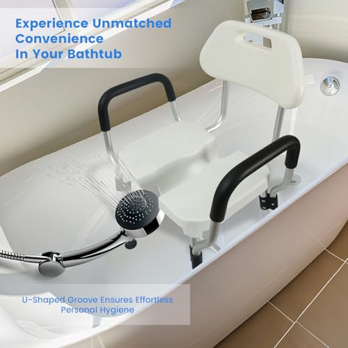 U-Shaped Shower Chair for Inside Shower, 400lbs Max Heavy Duty Triple-Bar Base Reinforcement, with Arm and Back for Elderly and Disabled, Adjustable Height, Effortless Personal Hygiene Access