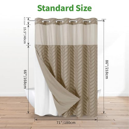 eachope No Hook Boho Farmhouse Shower Curtain with Snap-in Fabric Liner set-71Wx86H(84H),Beige Tufted Chevron Striped Hotel Grade Cloth Shower Curtains for Bathroom with Window,Water Repellent - color: Beige, size: 71"W x 86"L (Pack of 1)