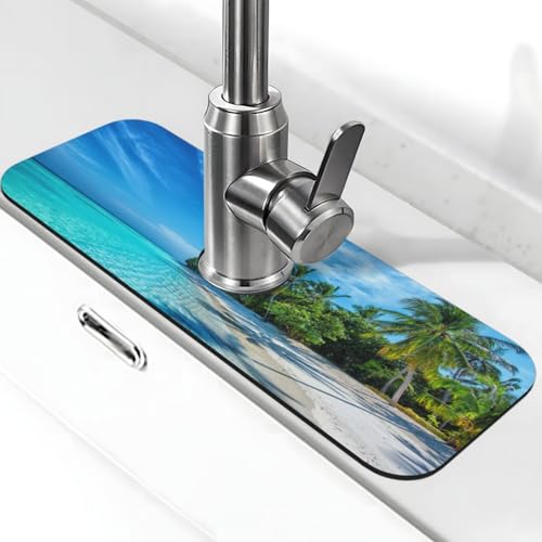 Beach Tropical Palm Tree Waves Travel Island Kitchen Sink Splash Guard Faucet Mat Super Absorbent Fast Drying Mat Sink Gadgets-Fast Drying Pad Sink Mat For Kitchen Bathroom (15" X 5.5" ) - color: Beach Tropical Palm Tree