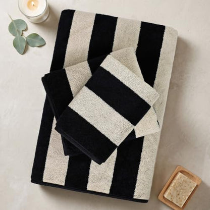 Jacquotha Black Striped Towels Set for Bathroom, 8 Piece Cotton Towels | Soft Quick Dry Towel Set with 2 Bath, 2 Hand, 4 Washcloths, Bathroom Decor & Versatile