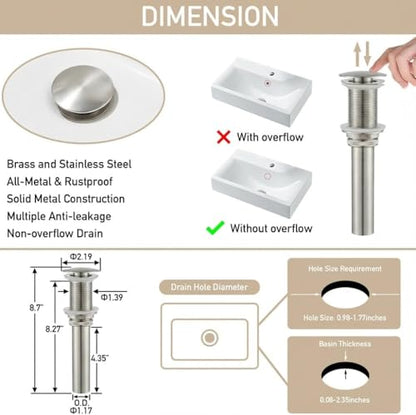 AVSIILE Brushed Nickel Bathroom Sink Drain Without Overflow Vessel Sink Lavatory Vanity Pop Up Drain Stopper, All Metal Rustproof Brass and 304 Stainless Steel - color: Brushed Nickel, style: Non-overflow