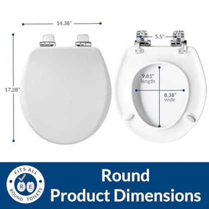 Bemis Alesio Slow Close Toilet Seat, Sleek Chrome Hinges and Adjustable Perfect Fit Wood Seat, Made in USA, Round, White - color: White & Chrome, size: Round