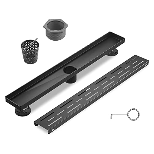 Linear Shower Drain, Matte Black Shower Drain 32 Inch with Removable Grate, SUS-304 Stainless Steel Rectangle Floor Drain with Leveling Feet and Hair Strainer, Bathroom Modern Drain SD-101 - color: Matte Black, size: 32 Inch