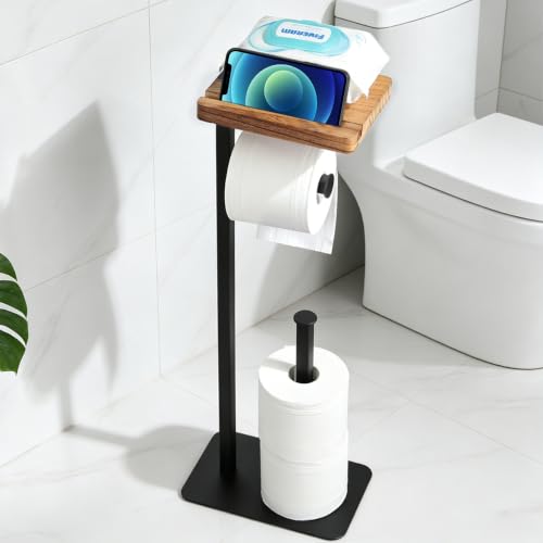 YIGII Toilet Paper Holder Stand with Shelf, Free Standing Toilet Paper Stand with Storage and Dedicated Phone Slot for Bathroom